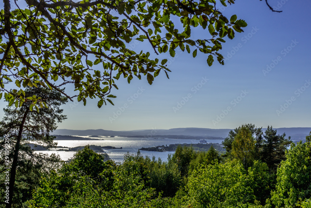 Oslo fjord as seen from Ekeberg park (Ekebergparken), during a sunny summer day.