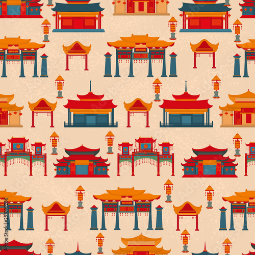 Seamless vector pattern to traditional Chinese buildings and temples on a light background.
