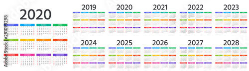 Calendar 2020, 2019, 2021, 2022, 2023, 2024, 2025, 2026, 2027 years. Vector. Week starts Sunday. Calender layout. Stationery template. Yearly organizer in minimal design, English.