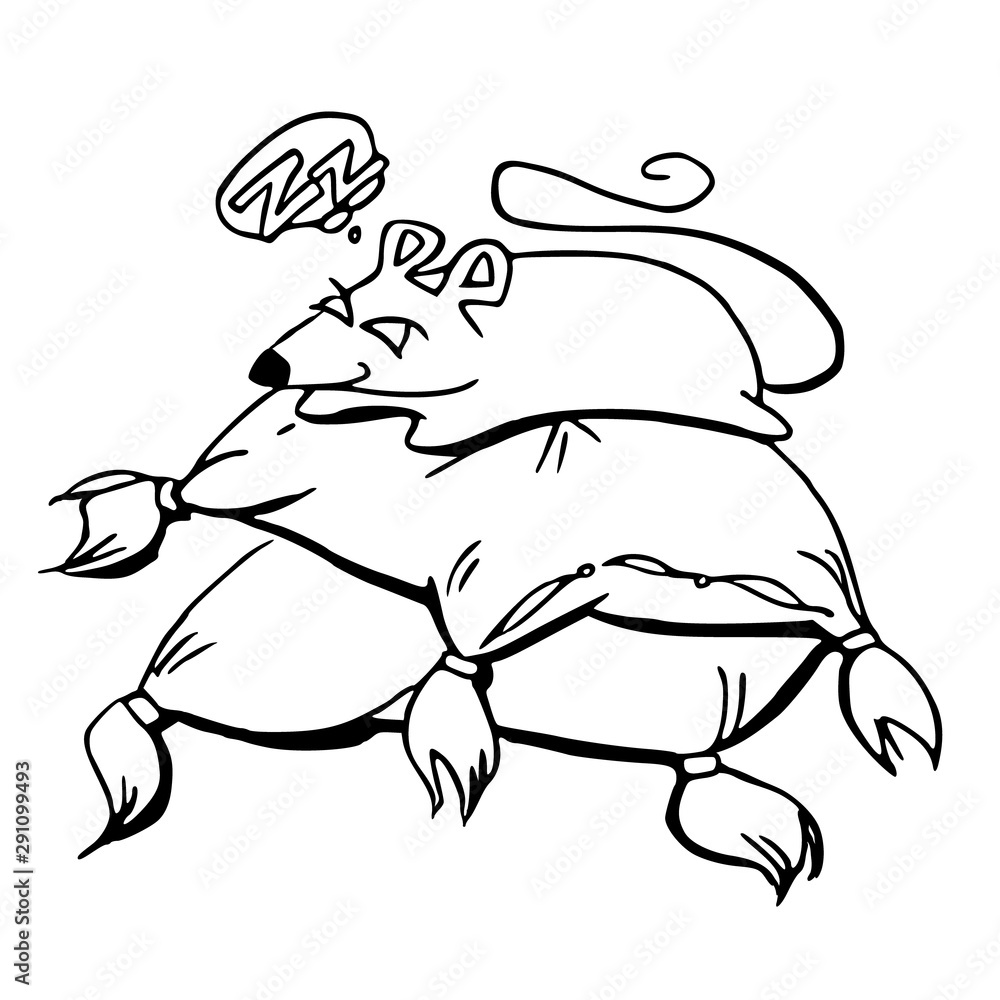 The symbol of the New Year 2020 is a rat. The mouse sleeps on soft pillows. Hand drawn New Years greetings. Cartoon vector illustration isolated on white background. The symbol of the New Year 2020 is a rat. The mouse sleeps on soft pillows. Hand drawn New Years greetings. Cartoon vector illustration isolated on white background.