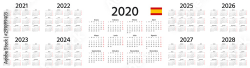 Spanish Calendar 2020, 2021, 2022, 2023, 2024, 2025, 2026, 2027, 2028 years. Vector. Week starts Monday. Spain calender template. Yearly organizer in minimal design. Landscape orientation