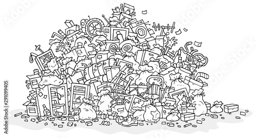 Big heap of household rubbish, trash bags and broken junk, black and white outline vector illustration