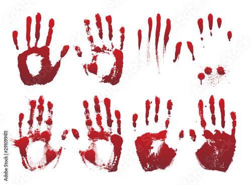 Set of bloody red horror hand prints. Design elements for Halloween decoration.