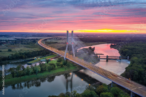 Aerial view of Most Redzinski bridge over Oder river on sunrise in Wroclaw, Poland