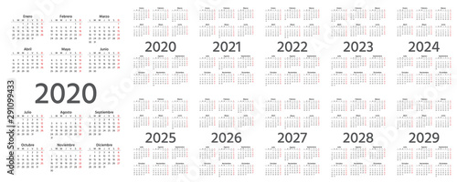 Spanish Calendar 2020, 2021, 2022, 2023, 2024, 2025, 2026, 2027, 2028, 2029 years. Vector. Week starts Monday. Spain calender template. Yearly organizer in minimal design. Portrait orientation.