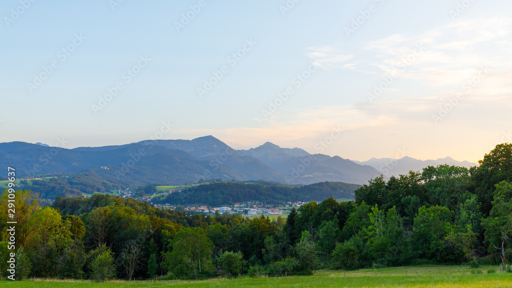 sunset at bavarian mountains hochfelln and hochgern
