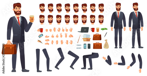 Cartoon businessman character kit. Business characters constructor, different hands gestures, face emotions and legs. Body parts to build businessman or manager character. Isolated vector signs set
