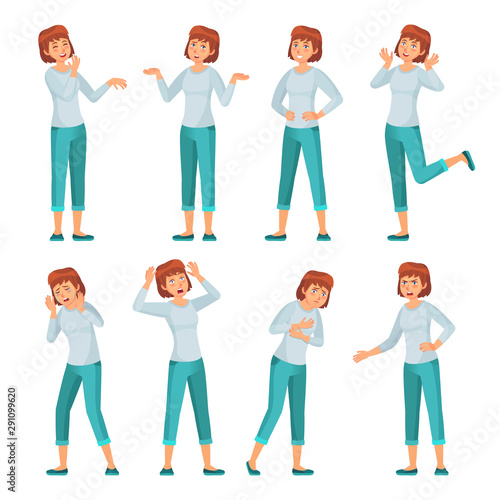 Cartoon woman character emotions. Women facial emotion, young female in casual clothing and smiling happy woman. depression, happy and cheerful lady expression. Isolated vector icons set