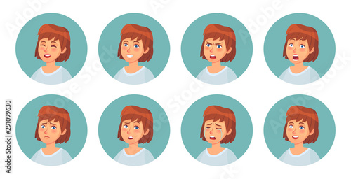 Cartoon womens emotions. Female character facial emotion, happy smiling woman and angry face portrait. Person character expression internet avatar. Isolated vector illustration icons set