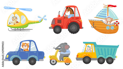 Cute animal drivers. Animal driving car, tractor and truck. Toy helicopter, sailboat and urban scooter. Driver and pilot, animals on street vehicle. Cartoon isolated vector illustration icons set