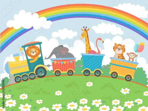 Cartoon animals travel. Zoo train, cute animal trains journey and funny pets traveling on locomotive. Train transportation, lion, giraffe and monkey character traveler vector background illustration