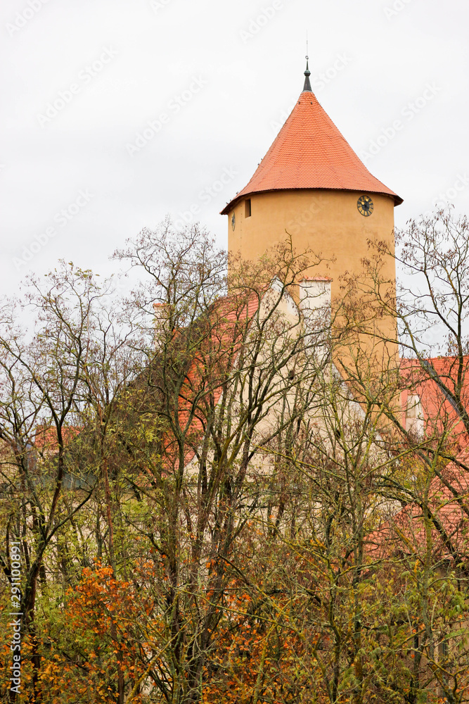Towers of old medieval royal Veveri castle near Brno, Czech republic behind the trees
