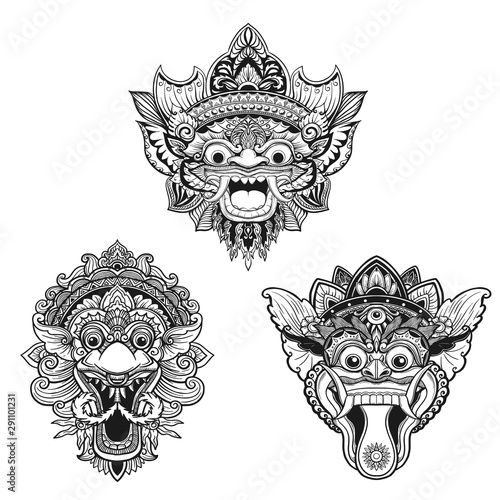 Traditional ritual Balinese mask. Vector outline illustration for coloring book isolated.