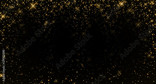 Gold glitter particles black background. Christmas luxury greeting card. Sparkling texture, confetti decoration. Golden star dust. Holiday glittering light effect. Magic shine. Vector illustration