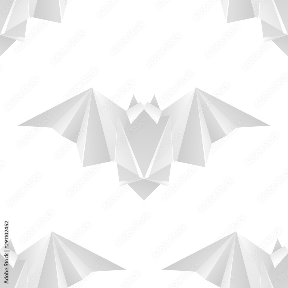 Seamless texture with white paper bats in a row. Halloween holiday. Animal origami. Paper zoo. Vector light pattern for fabrics, backgrounds and your creativity. Seamless texture with white paper bats in a row. Halloween holiday. Animal origami. Paper zoo. Vector light pattern for fabrics, backgrounds and your creativity.