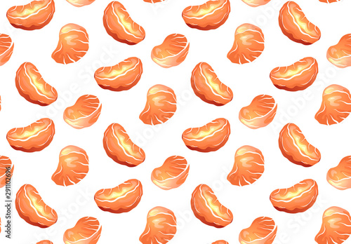 Seamless texture with cartoon orange slice of tangerines on white background. Vector food pattern for fabrics, backgrounds and your design.