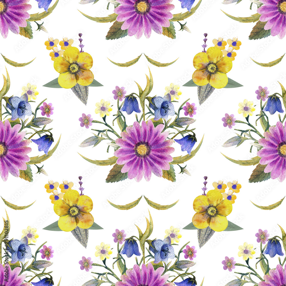 Seamless pattern with wildflowers and leaves on white background. Floral pattern for Wallpaper or fabric. Watercolor illustration. Element of packaging design, invitations, cards, etc Seamless pattern with wildflowers and leaves on white background. Floral pattern for Wallpaper or fabric. Watercolor illustration. Element of packaging design, invitations, cards, etc
