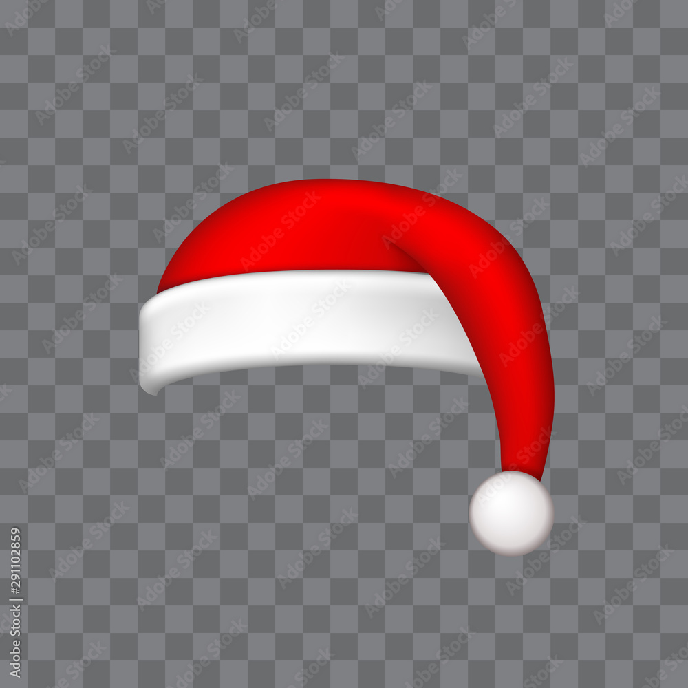 Santa Claus hat 3D. Realistic Santa Claus hat isolated on transparent background. Red funny cap silhouette. Merry Christmas clothes cute design. New year decoration wear costume. Vector illustration Santa Claus hat 3D. Realistic Santa Claus hat isolated on transparent background. Red funny cap silhouette. Merry Christmas clothes cute design. New year decoration wear costume. Vector illustration