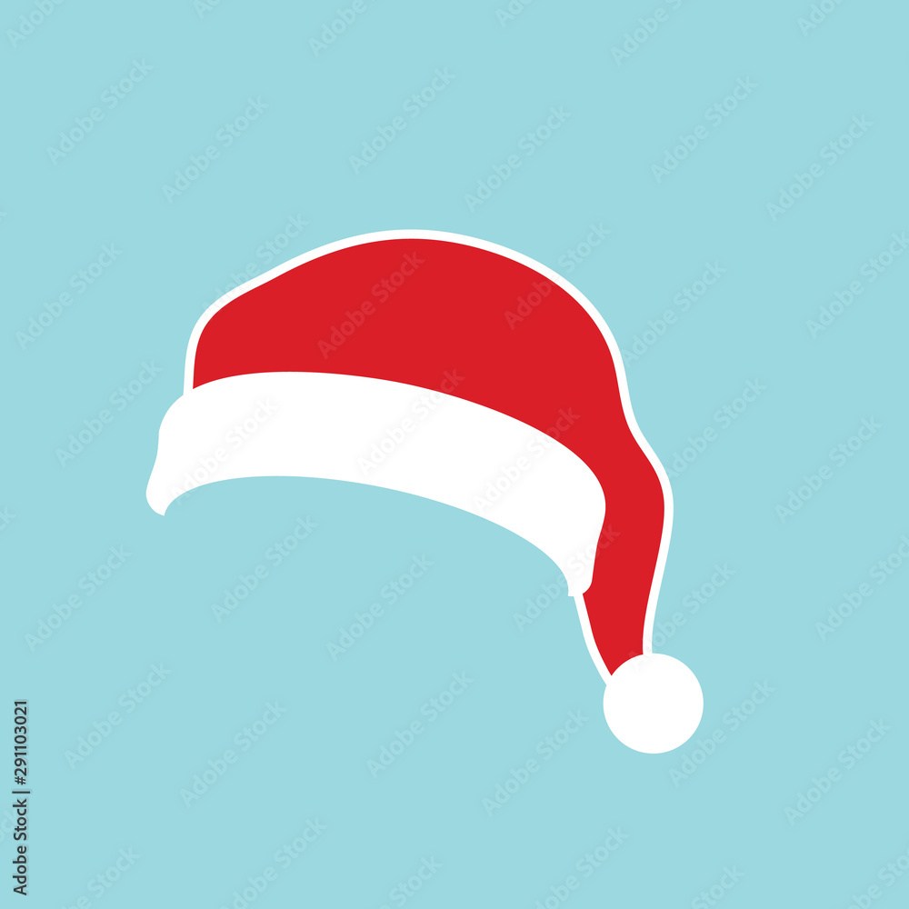 Santa Claus hat flat. Realistic Santa Claus hat isolated blue background. Red funny cap silhouette. Merry Christmas clothes cute simple cartoon design. New year decoration costume. Vector illustration Santa Claus hat flat. Realistic Santa Claus hat isolated blue background. Red funny cap silhouette. Merry Christmas clothes cute simple cartoon design. New year decoration costume. Vector illustration