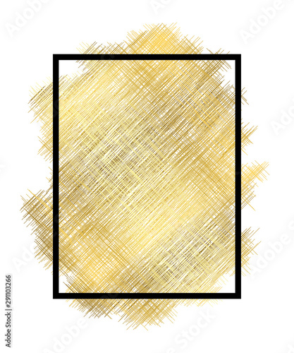 Gold metall texture, black frame. Golden color paint stroke isolated white background. Glitter stain design bright border, frame, Happy New Year banner, Christmas celebration. Vector illustration