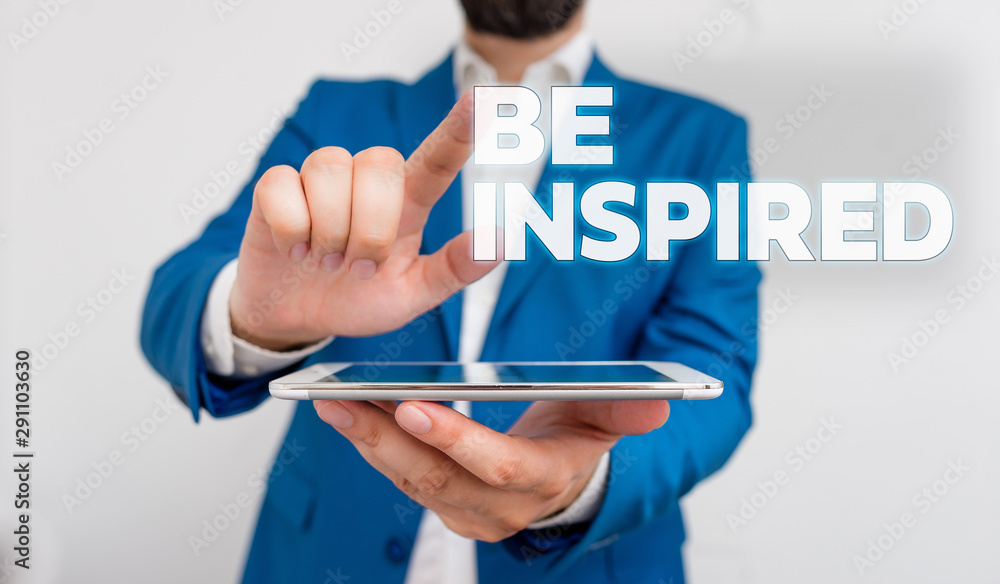 Word writing text Be Inspired. Business photo showcasing extraordinary quality as arising from some creative impulse Businessman with pointing finger in front of him Word writing text Be Inspired. Business photo showcasing extraordinary quality as arising from some creative impulse Businessman with pointing finger in front of him