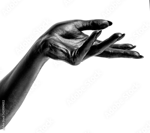Black painted hands with long nails isolated on white background