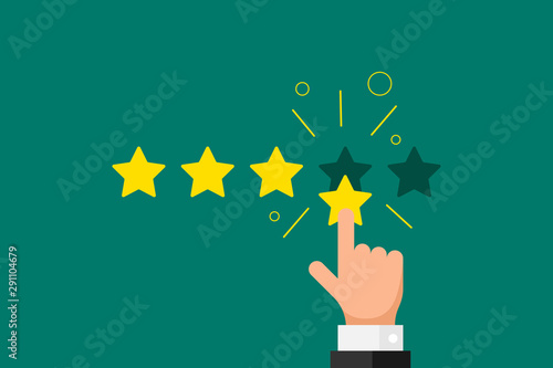 Online feedback reputation good quality customer review concept flat style. Businessman hand finger pointing 4 four gold star rating on green background. Vector rank illustration