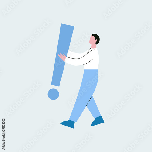 Woman setting giant exclamation mark. Concept of excitement, big news, announcement. Flat vector illustration