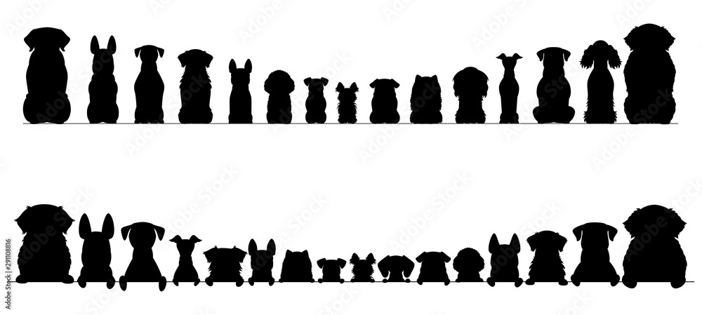 small and large dogs silhouette border set, half and full length  - obrazy, fototapety, plakaty 