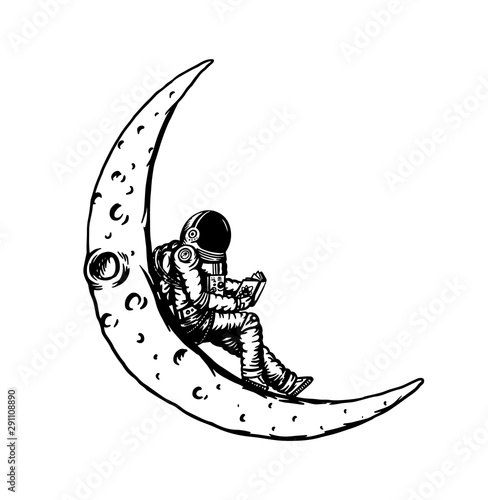 Soaring Spaceman in space. The astronaut on the moon. Man in the solar system. Engraved hand drawn Old sketch in vintage style.