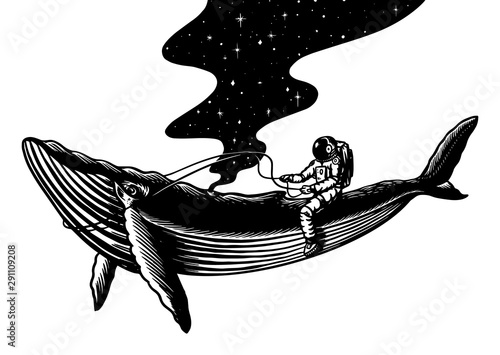 Spaceman and whale. Astronaut in the solar system. Engraved hand drawn Old sketch in vintage style.