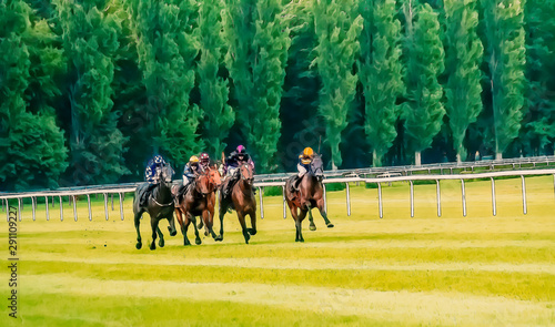 Horse race riding sport jockeys competition horses running watercolor painting illustration