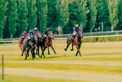 Horse race riding sport jockeys competition horses running watercolor painting illustration © netsay