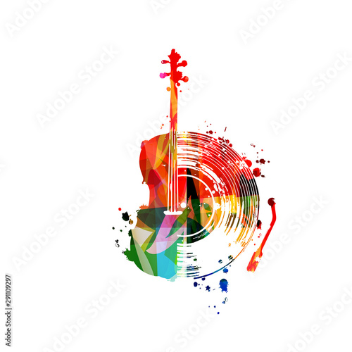 Colorful music background with violoncello and vinyl record disc isolated vector illustration design. Artistic music festival poster with cello, music events, party flyer 