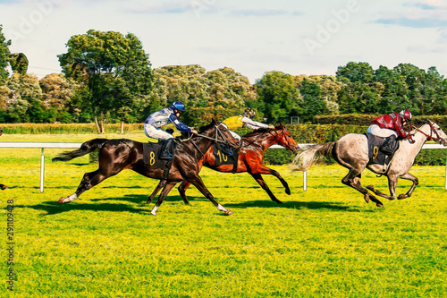 Horse race riding sport jockeys competition horses running watercolor painting illustration