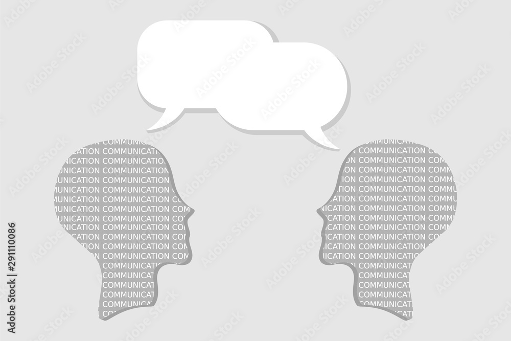 Interpersonal communication. Two heads representing people communicate through speech bubbles. Talk, chat, conversation, meeting, arguing, listening, psychotherapy, concept. Vector illustration, flat