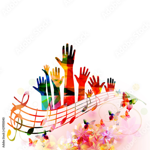 Photo Colorful music background with human hands raised and music notes isolated vector illustration design