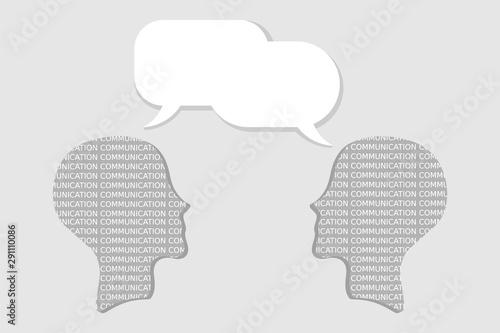 Interpersonal communication. Two heads representing people communicate through speech bubbles. Talk, chat, conversation, meeting, arguing, listening, psychotherapy, concept. Vector illustration, flat