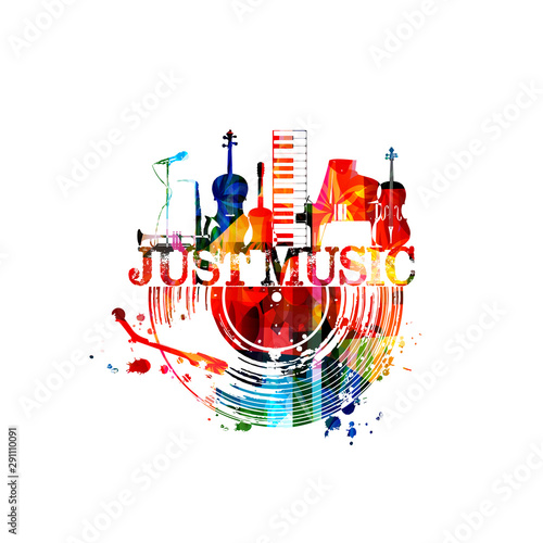Music background with colorful music instruments and vinyl record disc vector illustration. Music festival poster with microphone, trumpet, sax, violoncello, guitar, synthesizer, piano and contrabass