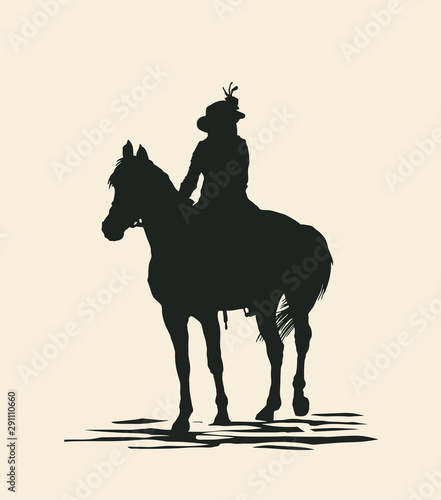 Silhouette of a woman on a horse. Elegant horsewoman in a hat with feathers. Vector Illustration.