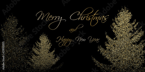 Merry Christmas and Happy New Year card with gold firs