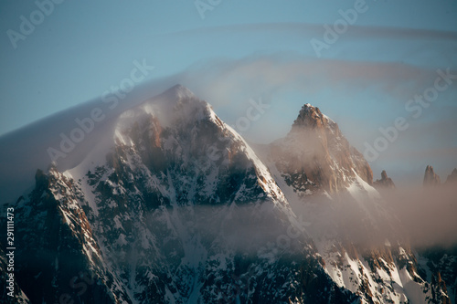 View from Aiguille du Midi, France. Skiers going down on Mer de Glace .