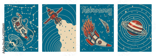 Set of vintage space banners. Galaxy Poster in retro style. Planets and universe, astronaut or astronomer in zero gravity, spaceship and science. Hand drawn engraved vector template on blue background