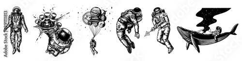 Set of Astronauts in the solar system. Spaceman and whale, taking off cosmonaut, planets in space, balloons and the moon. Engraved hand drawn Old sketch in vintage style.