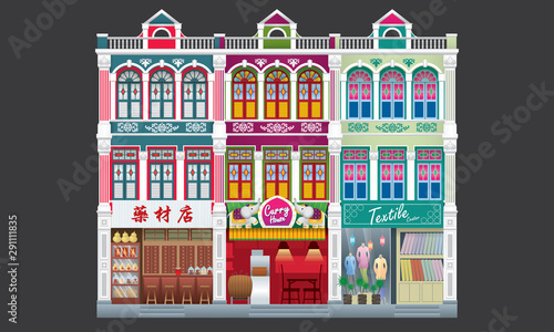 Colorful and historical colonial style three storey shophouse. Linked. Caption: traditional herbal shop (left). 