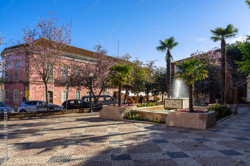 Picturesque square with a fountain in Silves old town, Algarve, Portugal