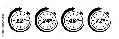 12, 24, 48 and 72 hours clock arrow icon isolated on white background. Vector concept element for web and print design. Work time effect or delivery service time.
