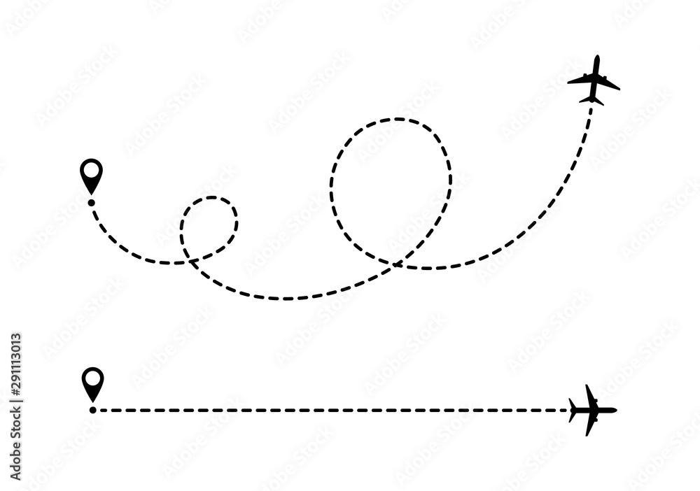 Aircraft route dotted lines. Tourist route by plane. Tracks traveler dotted lines. Aircraft route dotted lines. Tourist route by plane. Tracks traveler dotted lines.