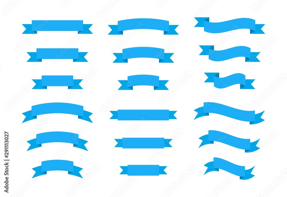 Set blue ribbons banners isolated on white background. Vector flat illustration. Set blue ribbons banners isolated on white background. Vector flat illustration.