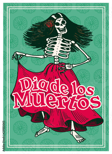 Day of the Dead Posters on a colored background. Skeletons dance and play musical instruments. In Spanish Dia De Los Muertos. Religious holiday with happy skulls. Hand drawn engraved banner Set.